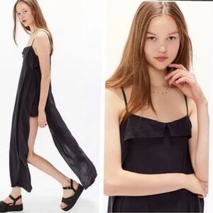Urban Outfitters Black Linen Ruffled Maxi Dress Romper L